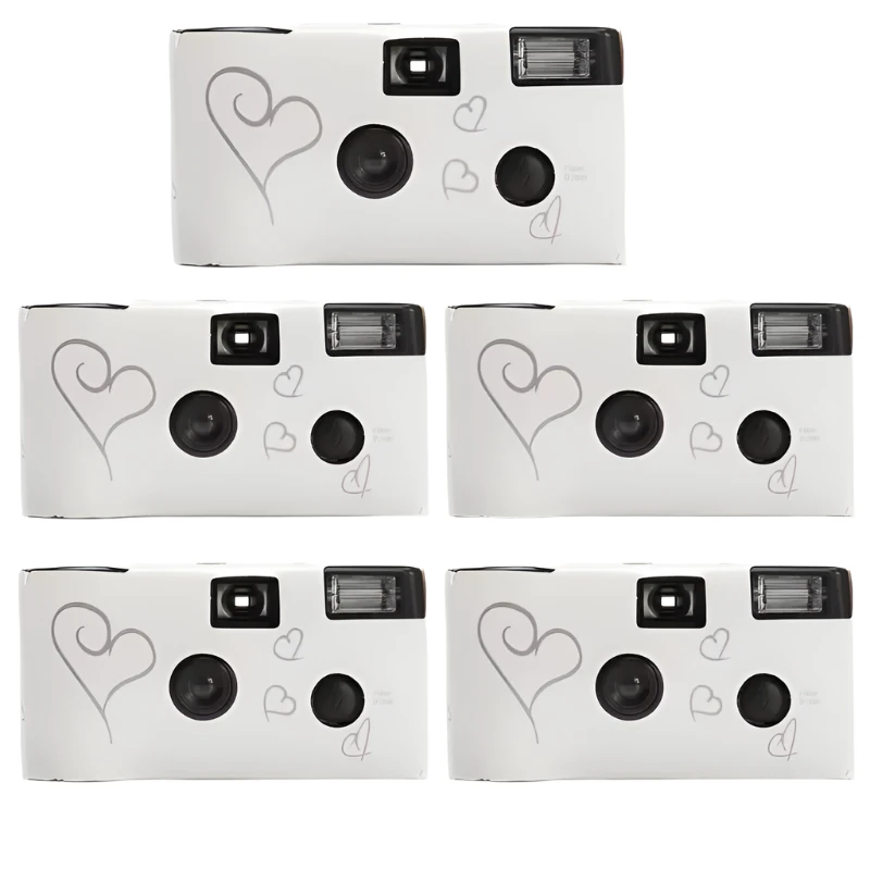 Five white disposable cameras with heart designs on a white background