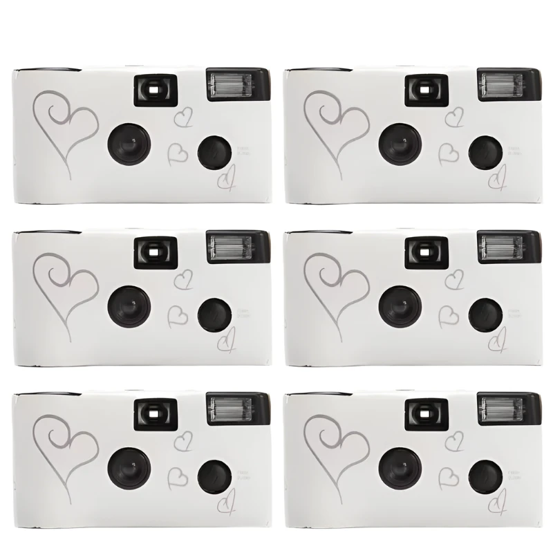 Set of six white disposable cameras with heart designs on a white background