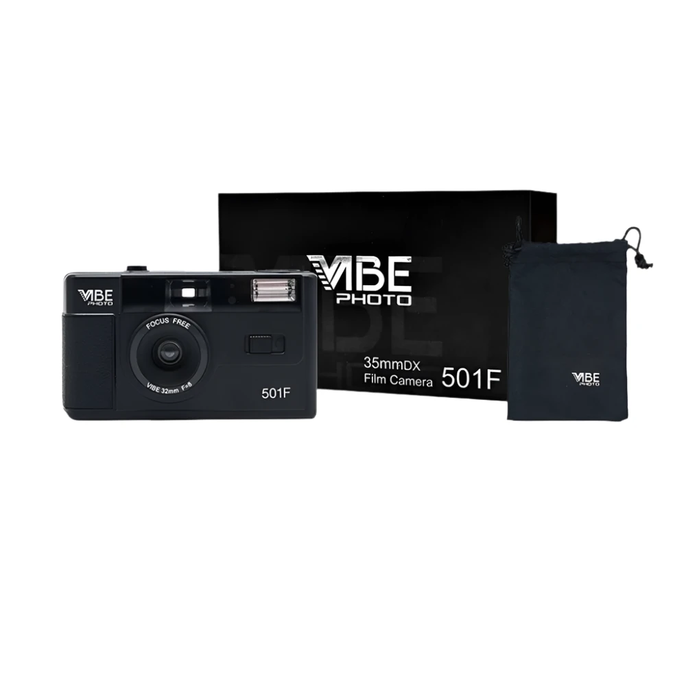 Black film camera with 'ViBE Photo' branding, original box, and black pouch on a white background.