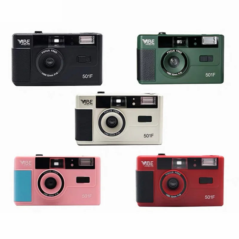 Five Vibe 501F cameras in different colors on a white background