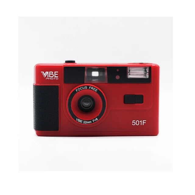 Red camera with 'Vibe Photo' branding on a white background