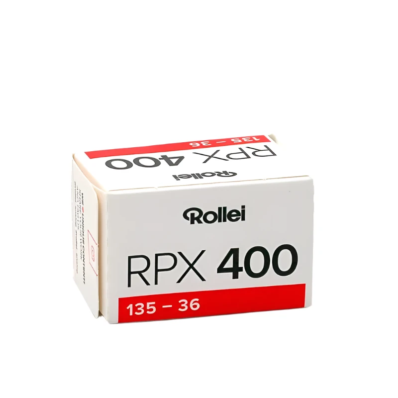 Rollei RPX 400 black and white negative film packaging on a white background