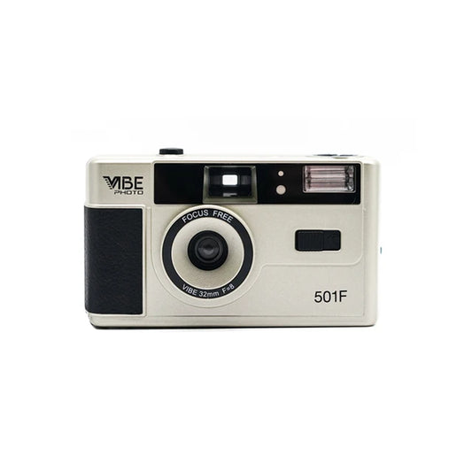 Vintage-style camera with 'Vibe Photo' branding on a white background