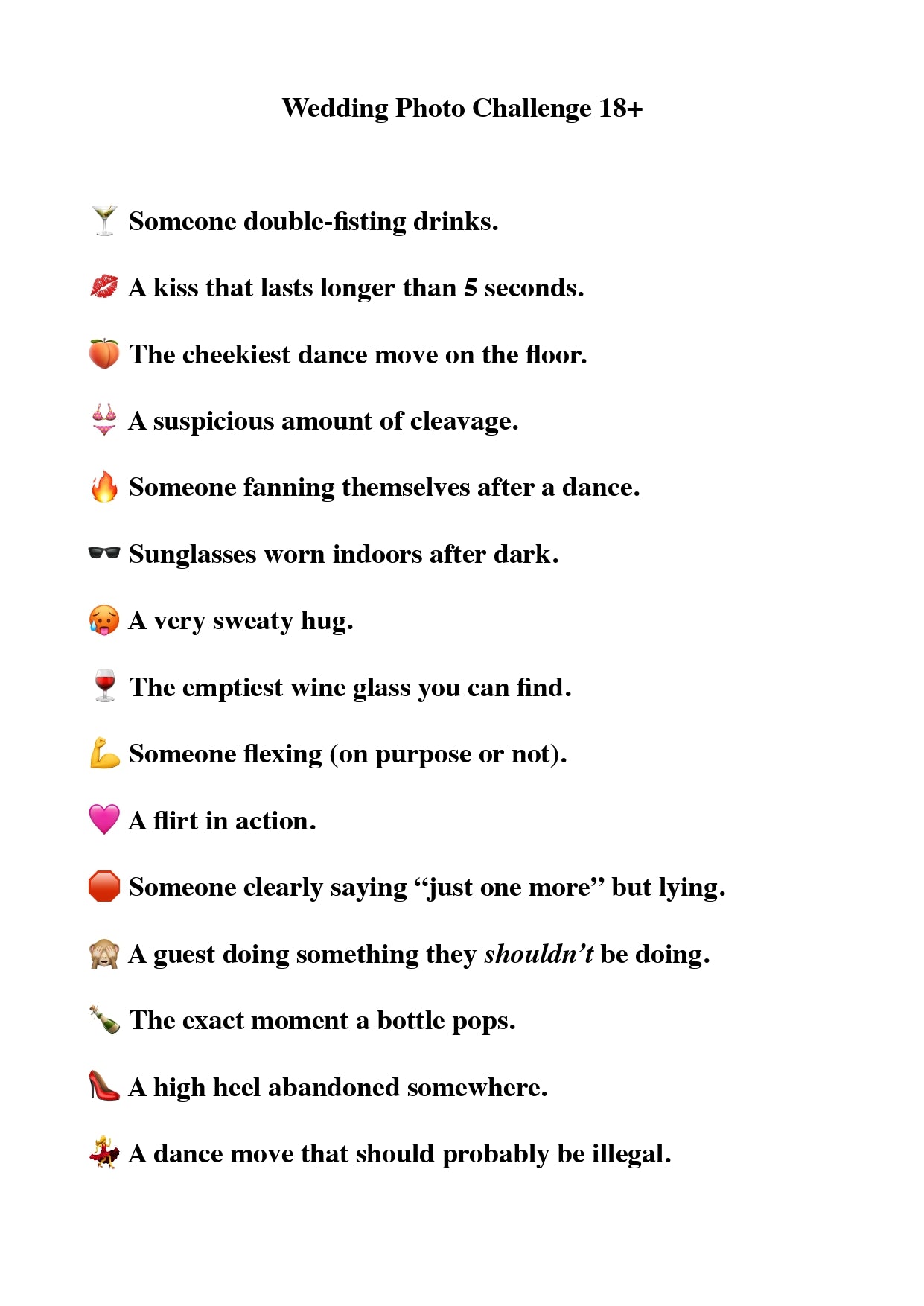 Text list of wedding photo challenges with emojis on a white background