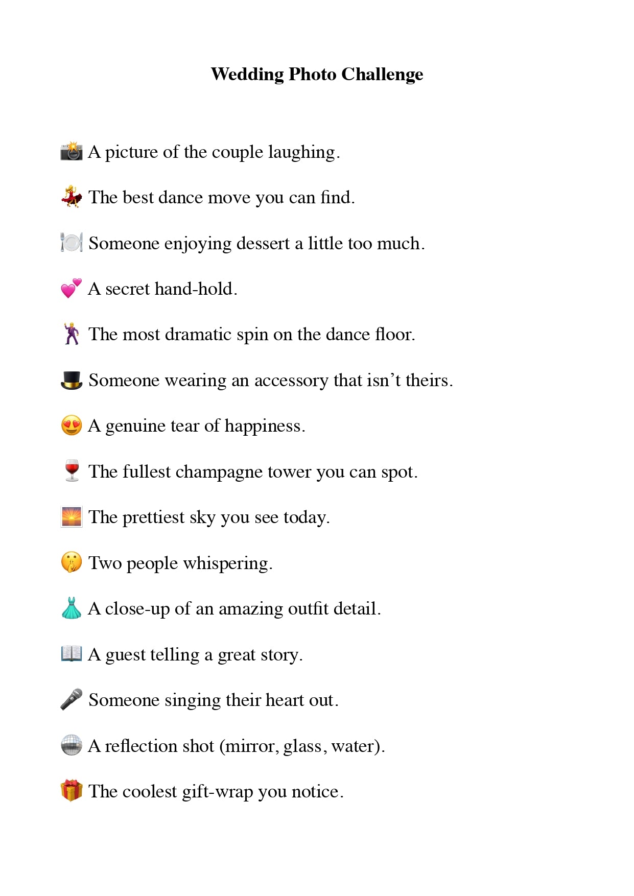 Wedding photo challenge with various prompts on a white background